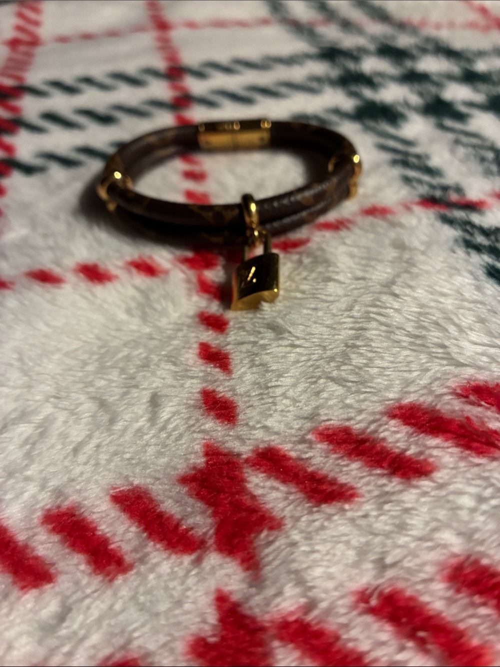 Louis Vuitton Brown Leather Bracelet with Gold Padlock Accent